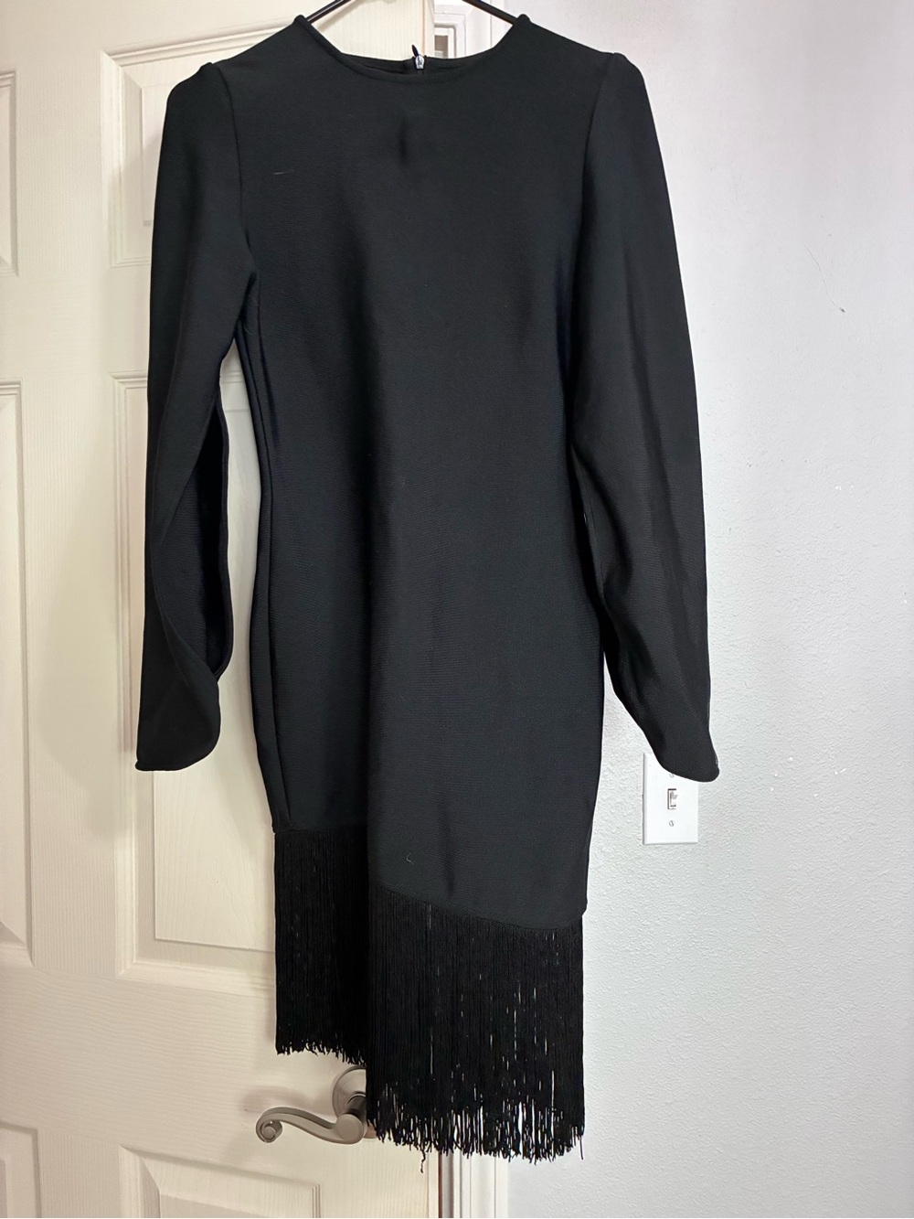 Black Fringe Hem Long Sleeve Dress